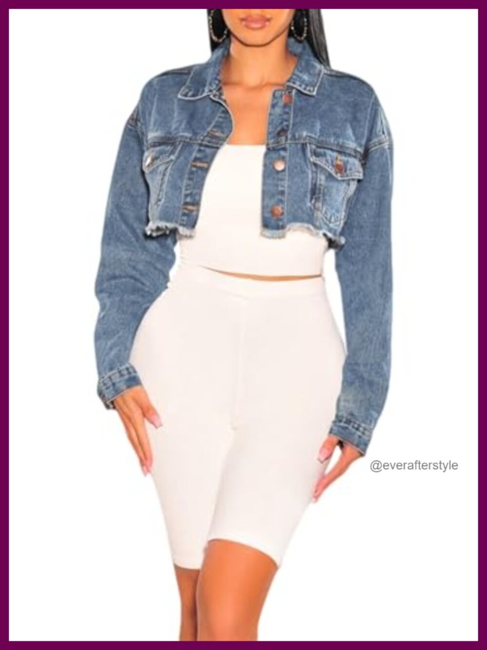Cropped Denim Jacket Long Sleeve Distressed Button Jean Coat